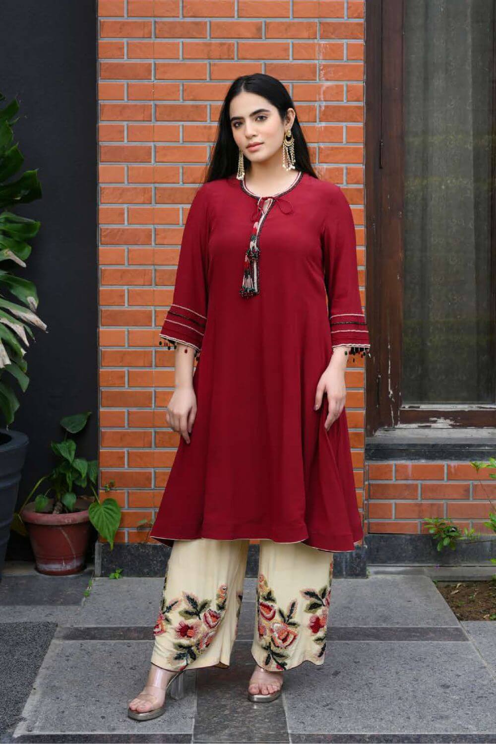 Maroon Suit with Cream Beads Work Plazzo