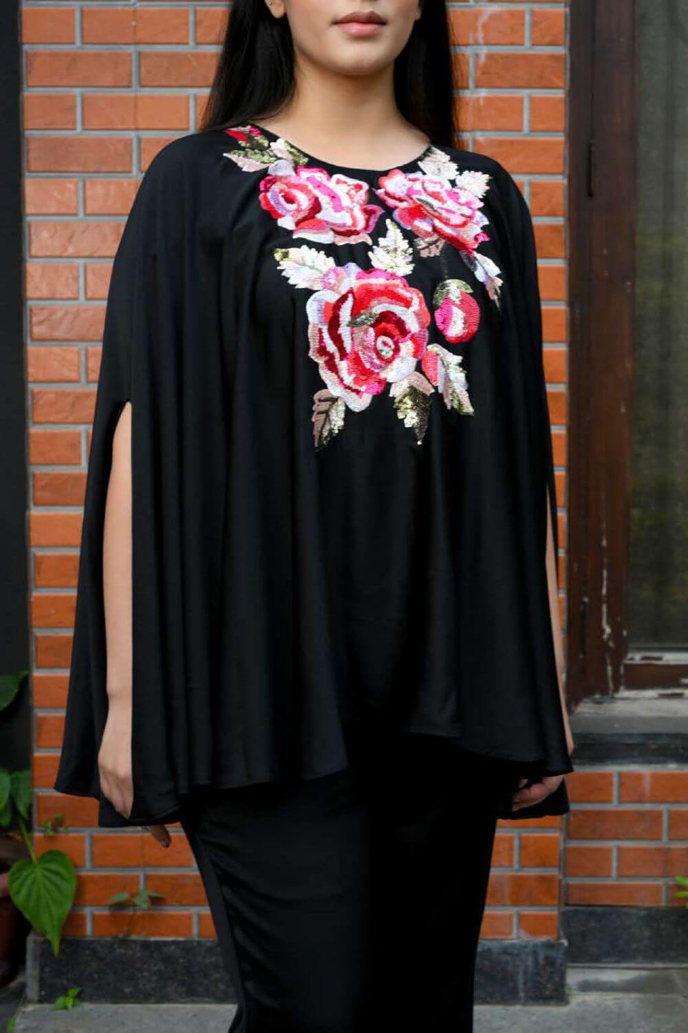 Black Cape Dress With Heavy Neck Embroidery