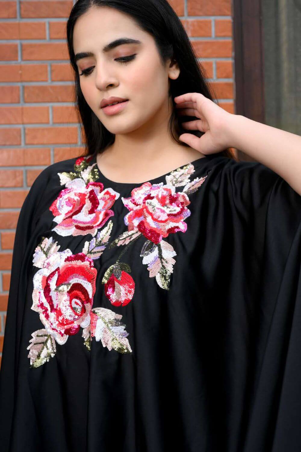 Black Cape Dress With Heavy Neck Embroidery