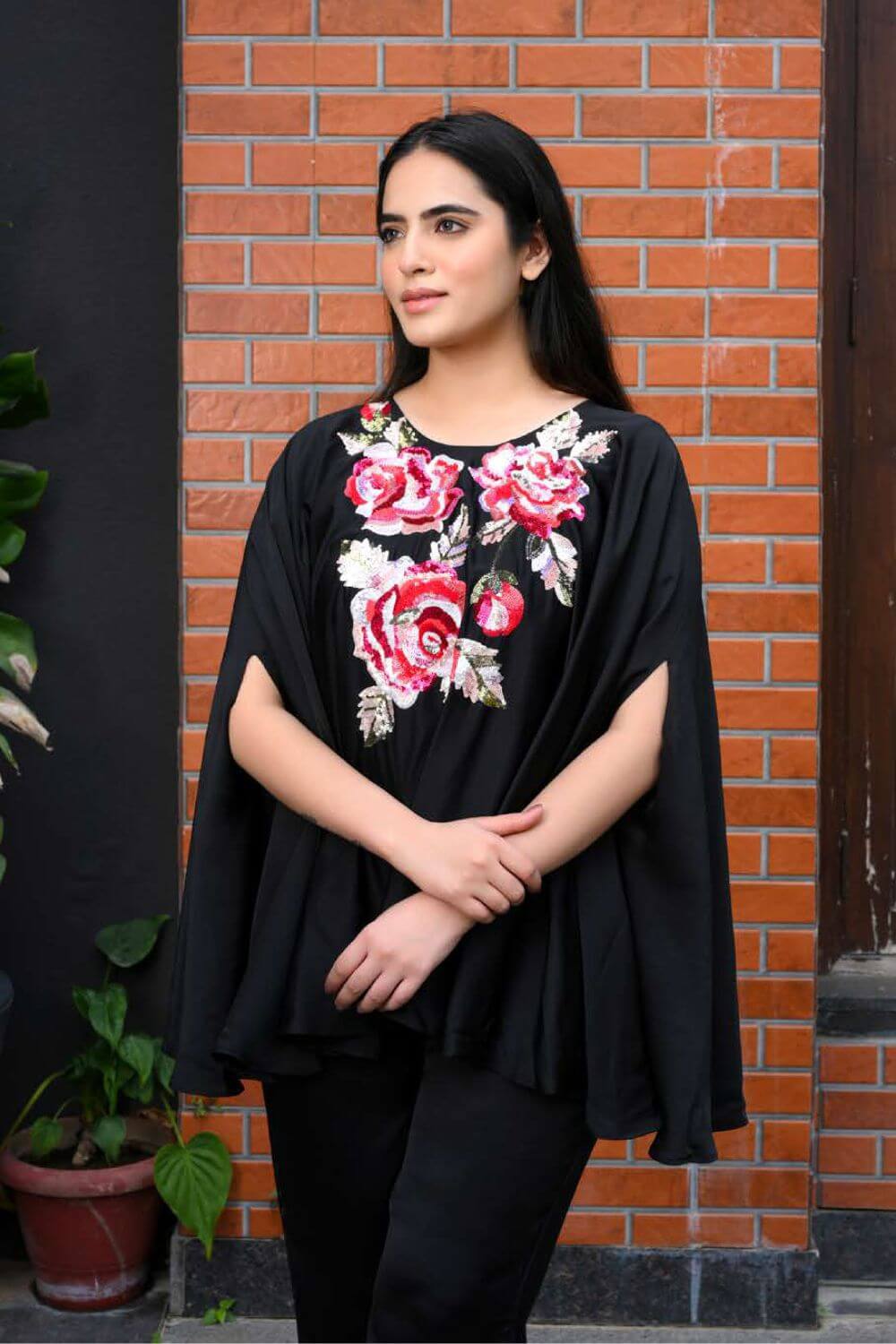 Black Cape Dress With Heavy Neck Embroidery
