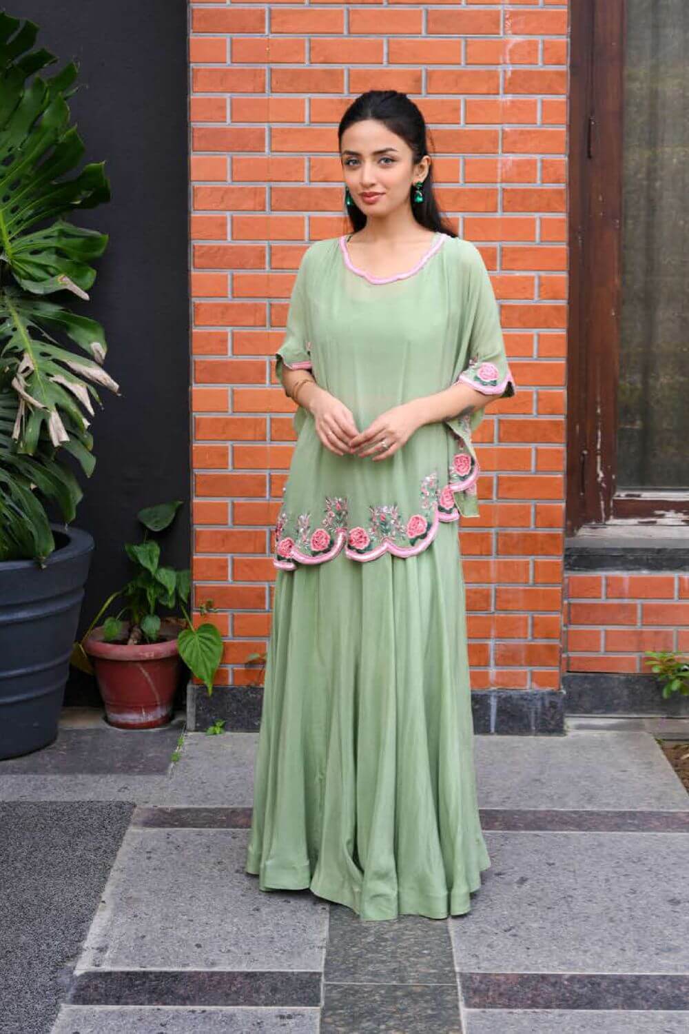 Pastel Green Cape Skirt With pink Floral Work