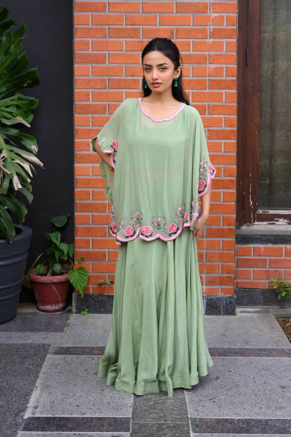 Pastel Green Cape Skirt With pink Floral Work
