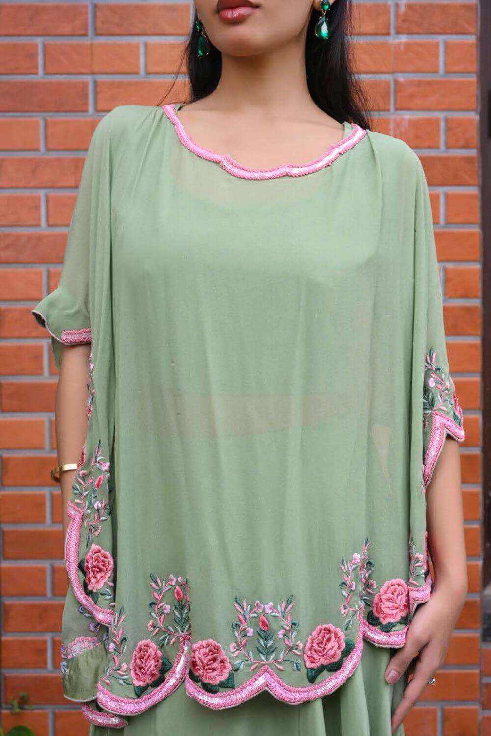 Pastel Green Cape Skirt With pink Floral Work