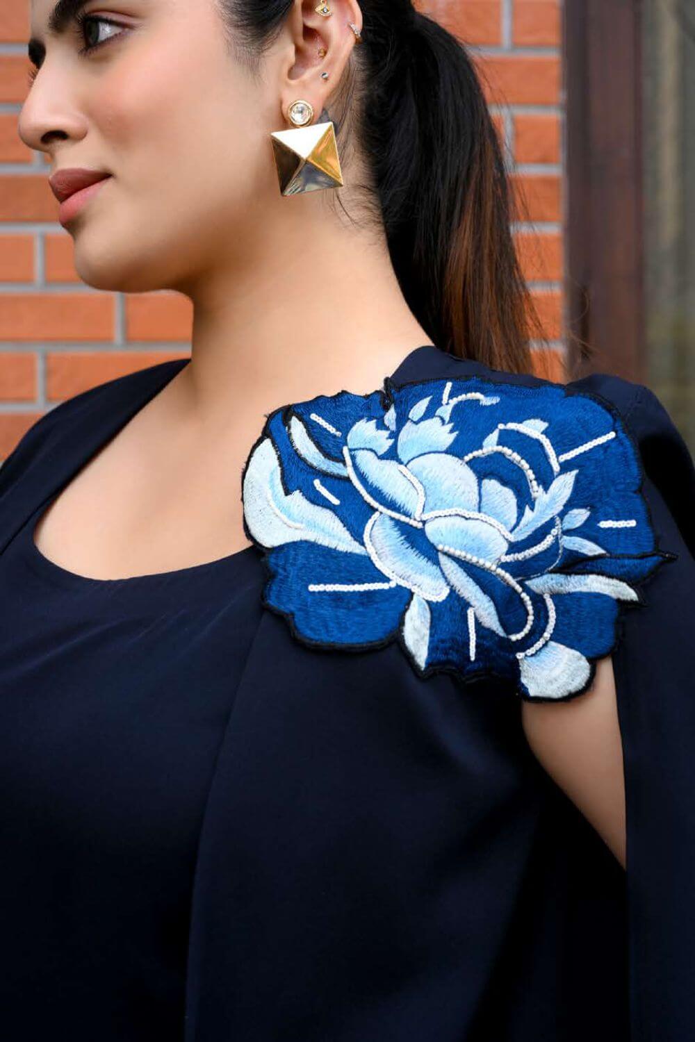 Navy Blue Cape Dress with One Side Flower Work