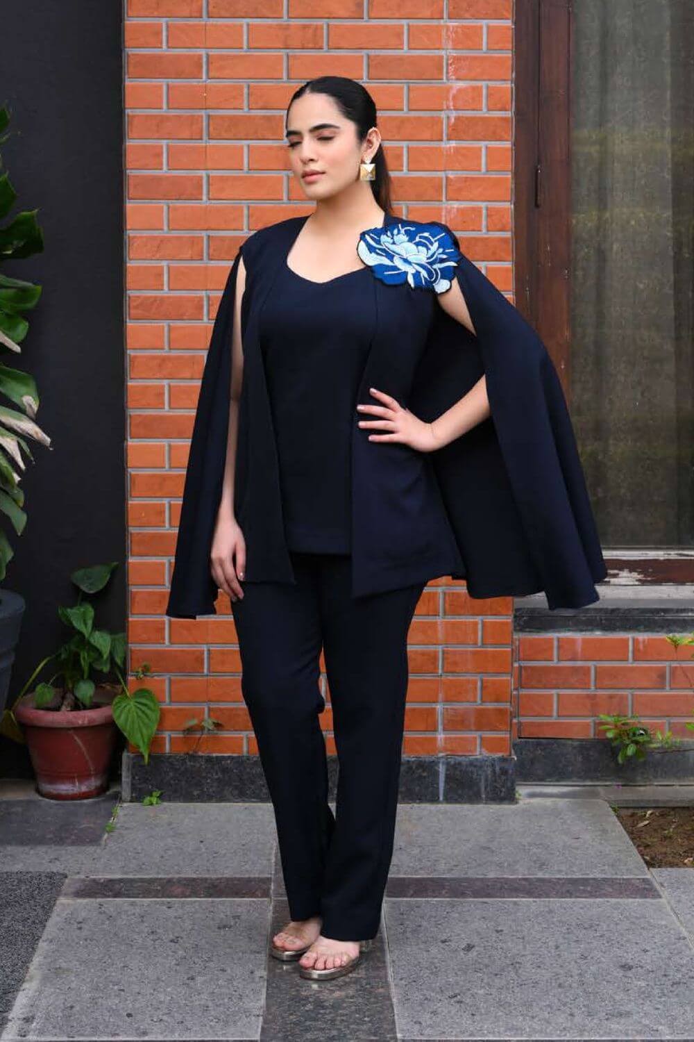 Navy Blue Cape Dress with One Side Flower Work