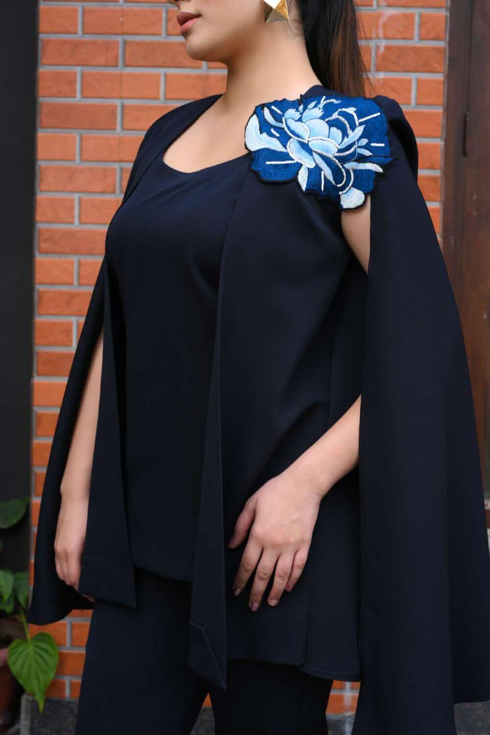 Navy Blue Cape Dress with One Side Flower Work