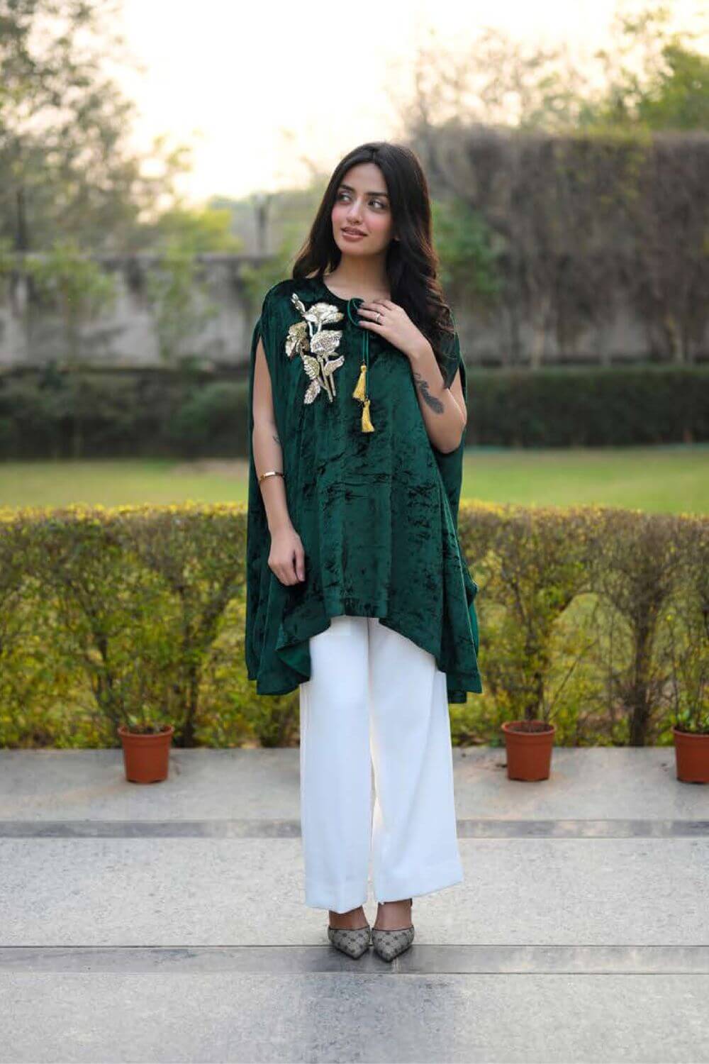 Green Velvet Cape with White Pant