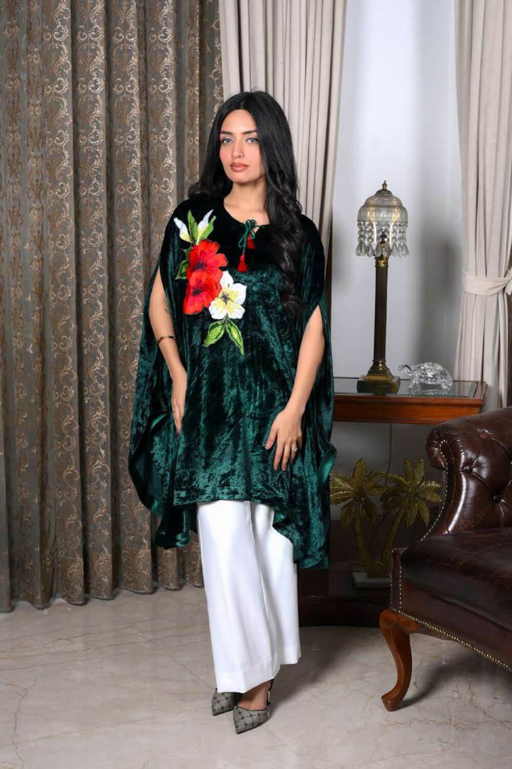 Green Velvet Cape Red Flower with White Pant