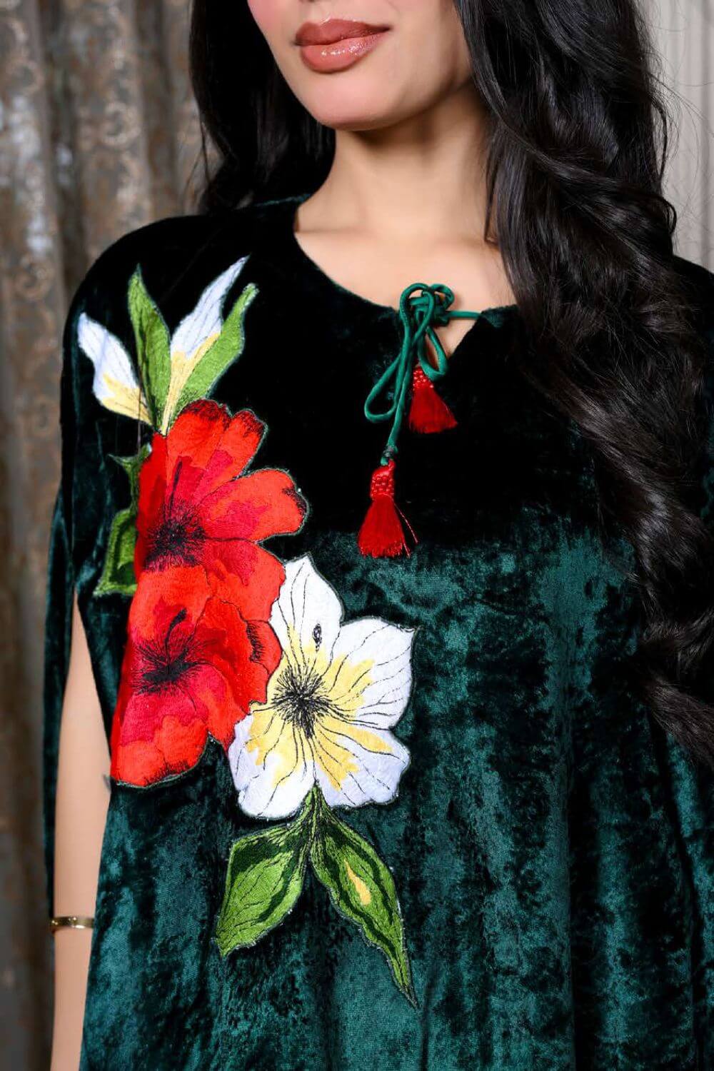 Green Velvet Cape Red Flower with White Pant