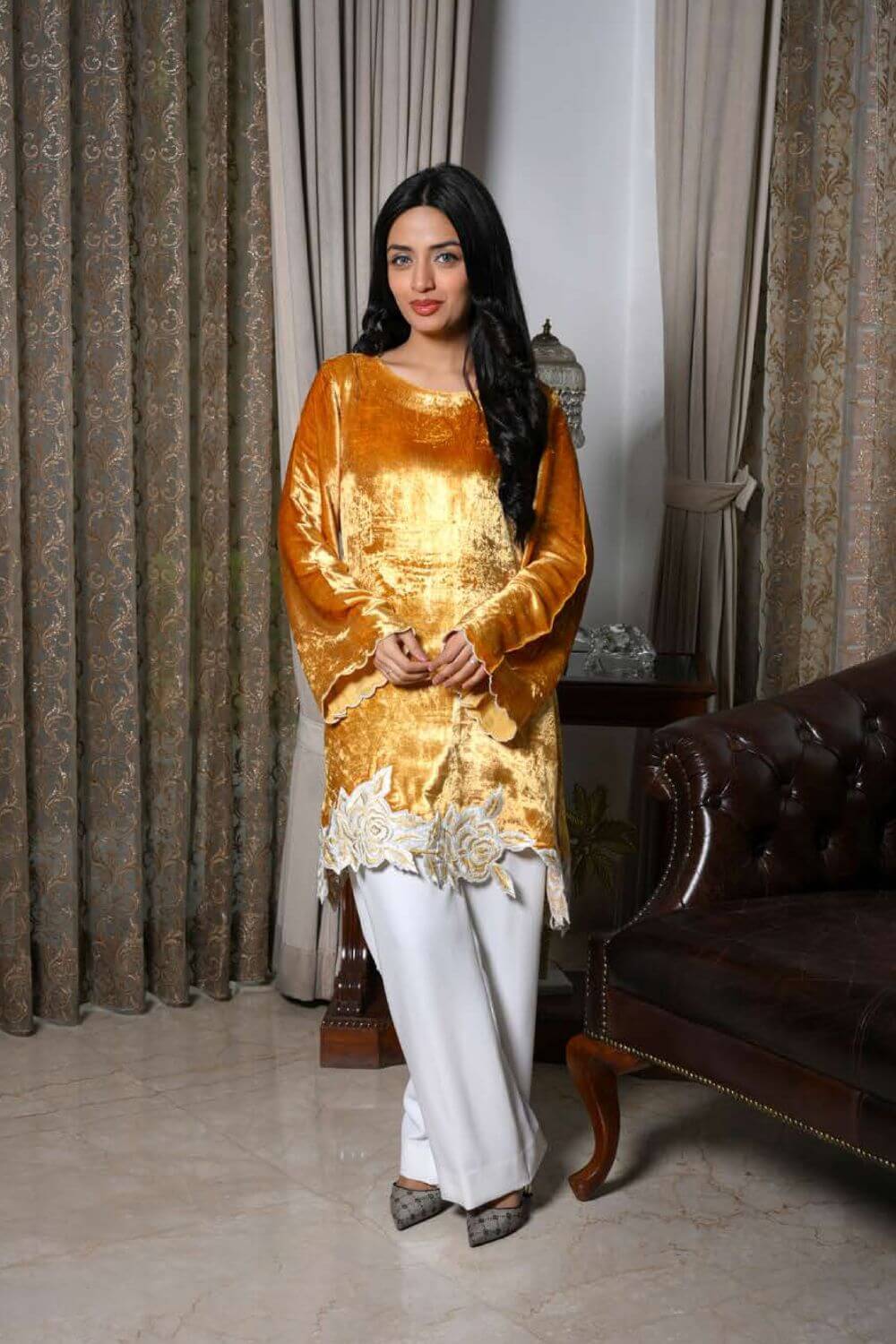 Golden Velvet Cape Set with White Pant