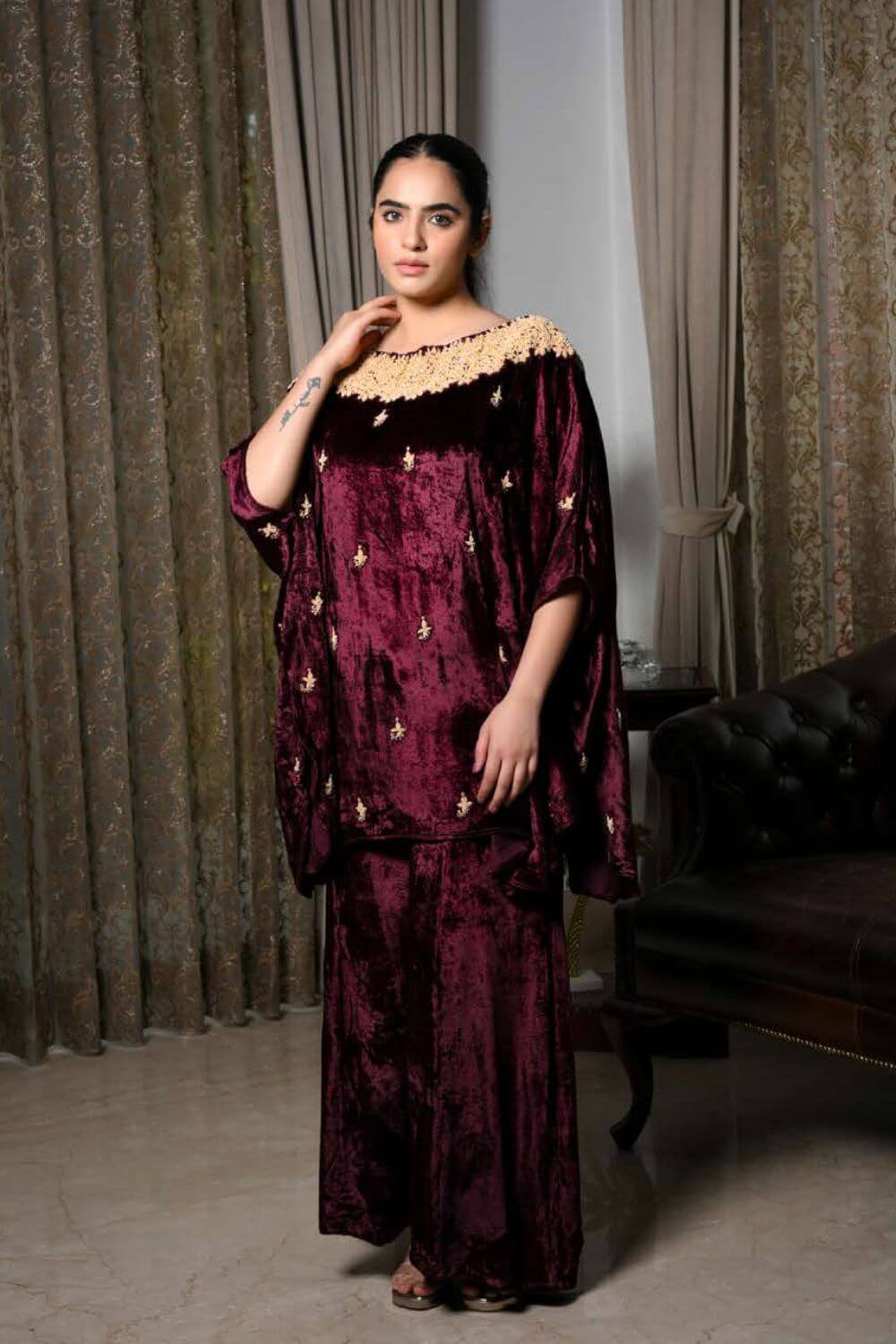 Maroon Velvet Cape with Velvet Palazzo