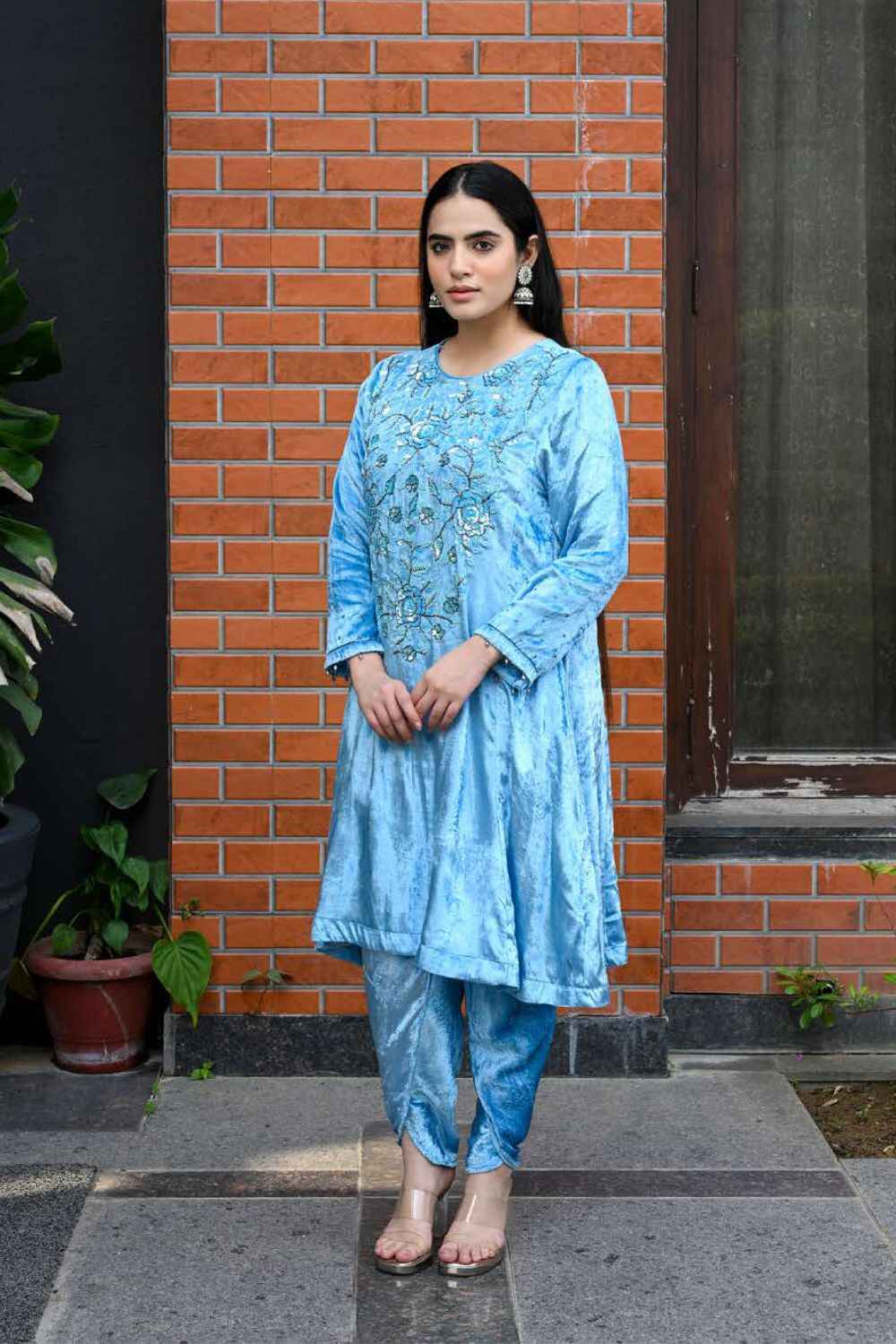 Sky Blue Velvet Suit with Tulip Pant