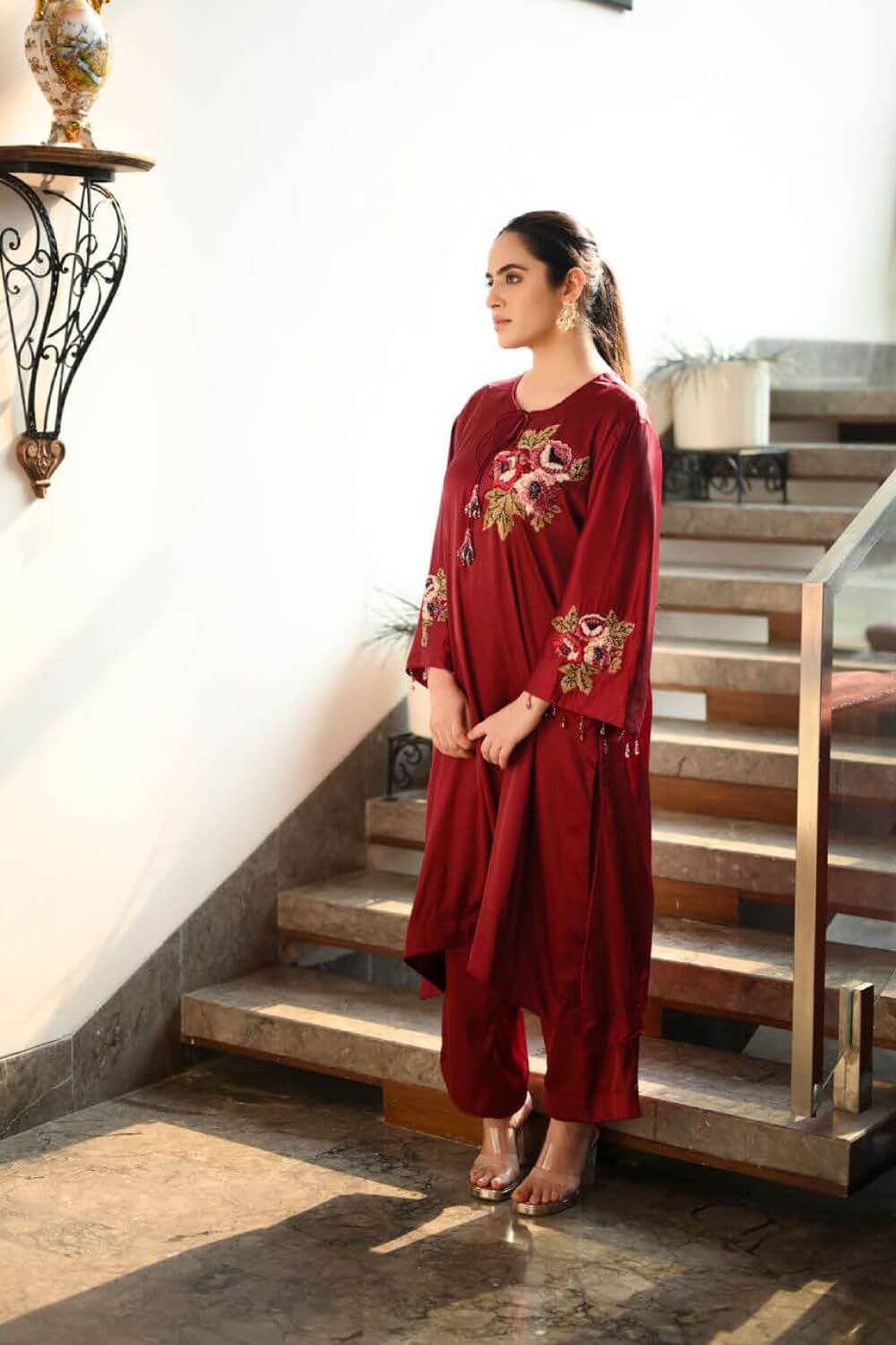 Maroon Suit With a Bunch of Flowers