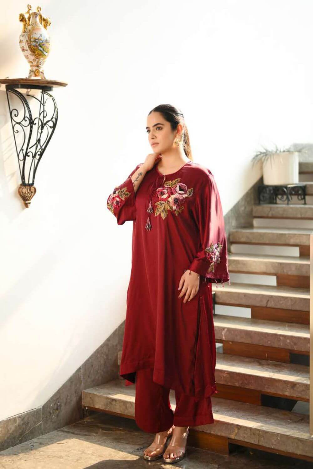 Maroon Suit With a Bunch of Flowers