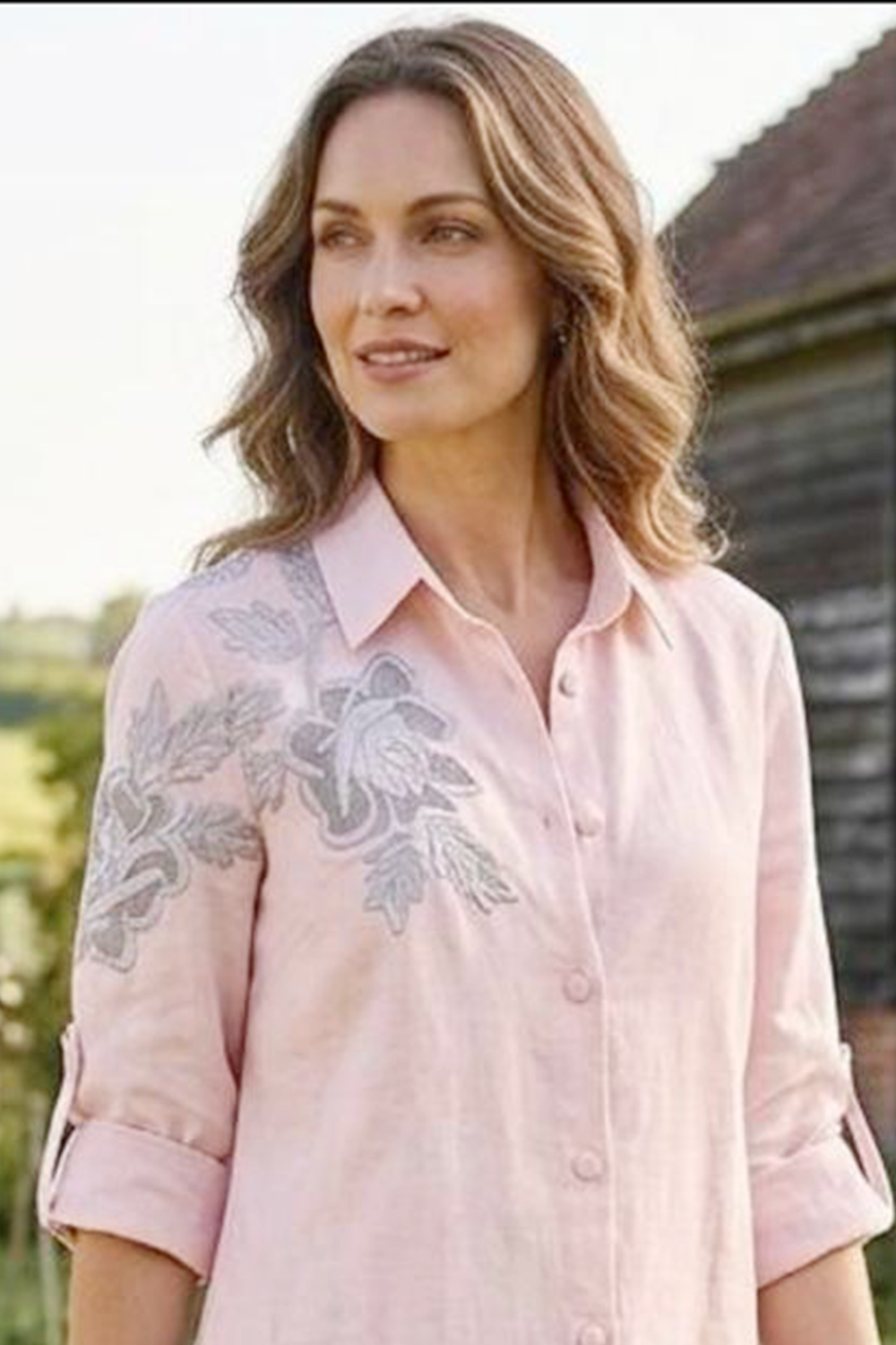 Pink Classic Linen Dress with Greyish Silver Floral Embroidery
